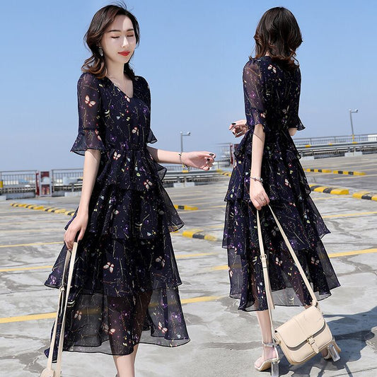 【dress】一目惚れ！Vネックフレアスリーブギャザー花柄ワンピースF0297