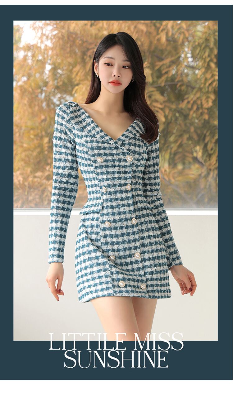 【dress】Vネック長袖ツイードワンピース G19174