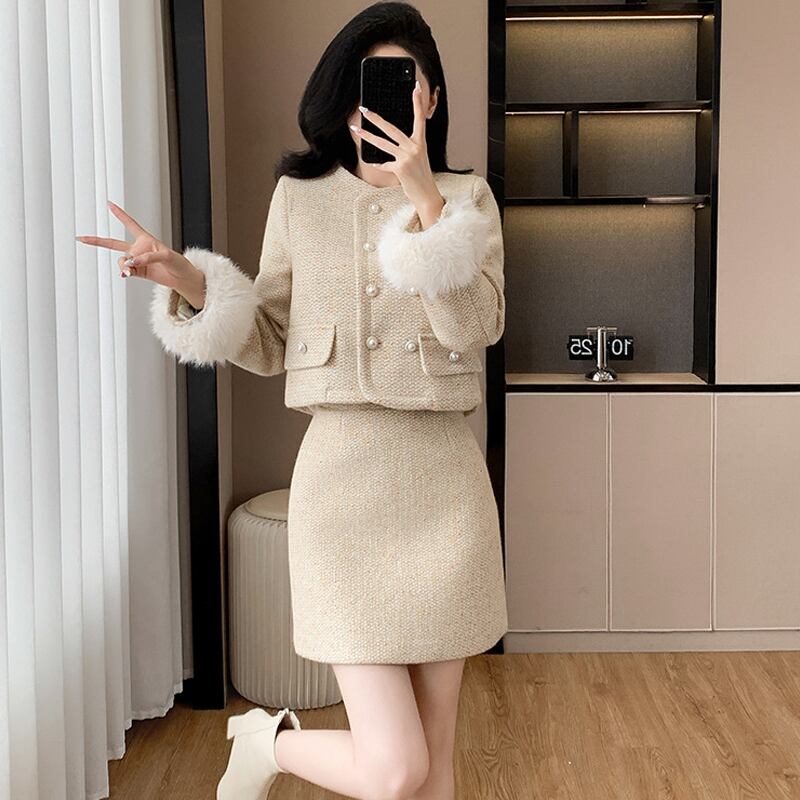 【set】袖ファーコート×ミニスカートセット Q7414
