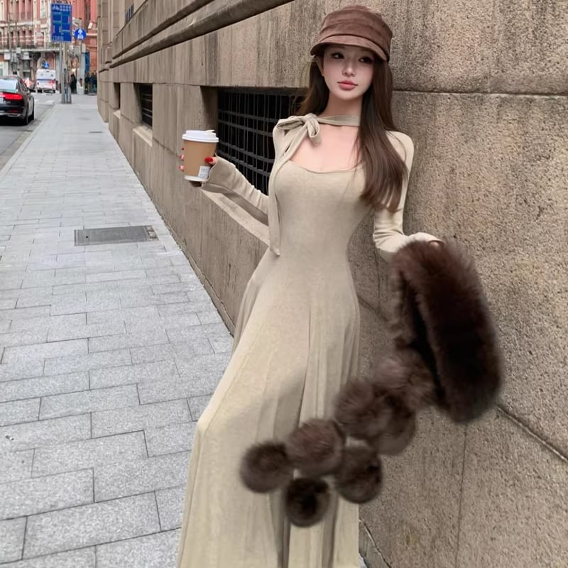 【dress】スクエアネックロングニットワンピース Q8200
