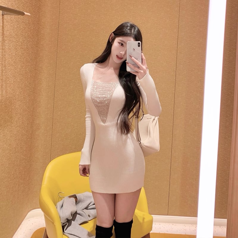 【dress】ビーズチェーンドッキングニットワンピース Q7647