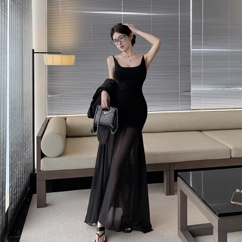 【dress】チュールドッキングロングキャミワンピース Q8154