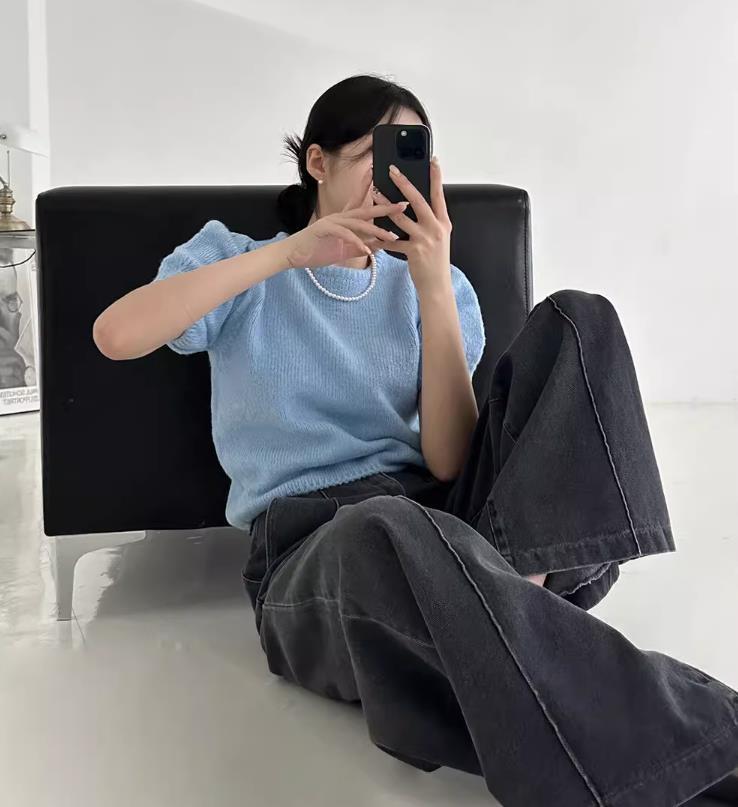 【tops】半袖パフ袖ニットＴシャツF7427