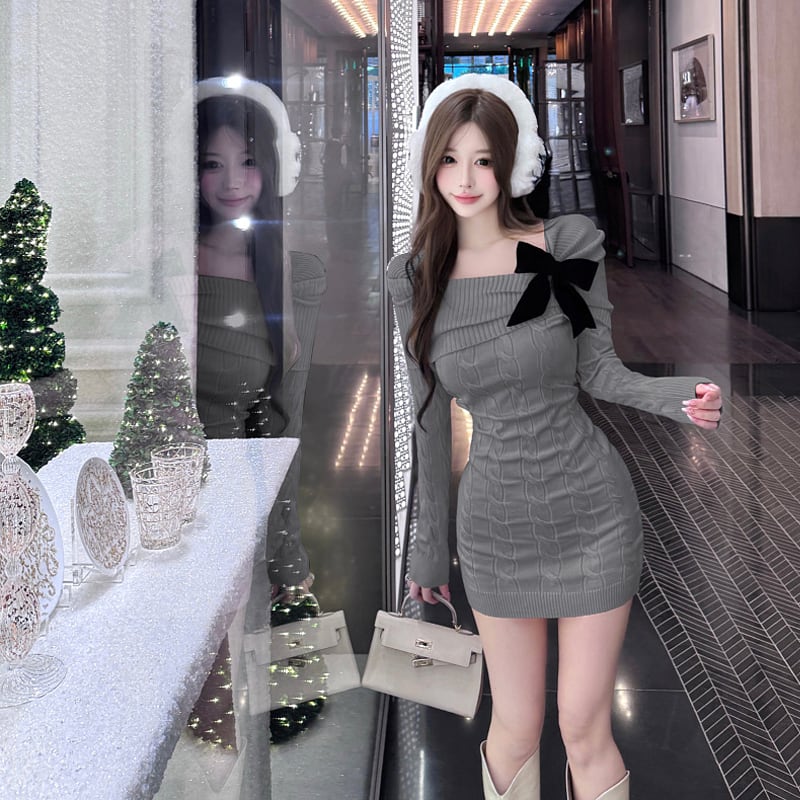 【dress】リボン付きスクエアネックニットワンピース Q7461