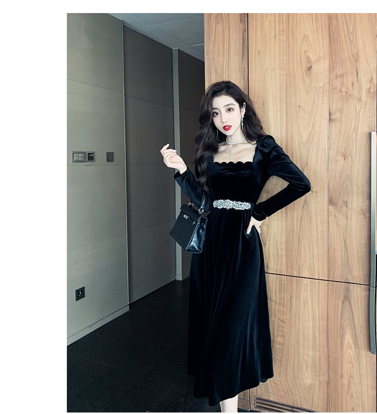 【dress】美人度アップ!気質満点ハイウエスト長袖 スクエアネックワンピース G1418