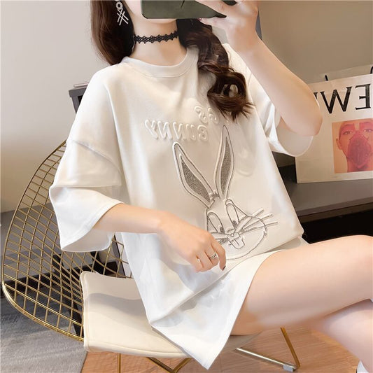 【tops】ラウンドネック半袖動物柄ゆったり着回しTシャツF0031