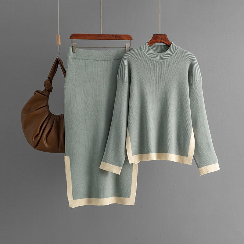 【set】配色ニットセーター×スカートセット　M28447