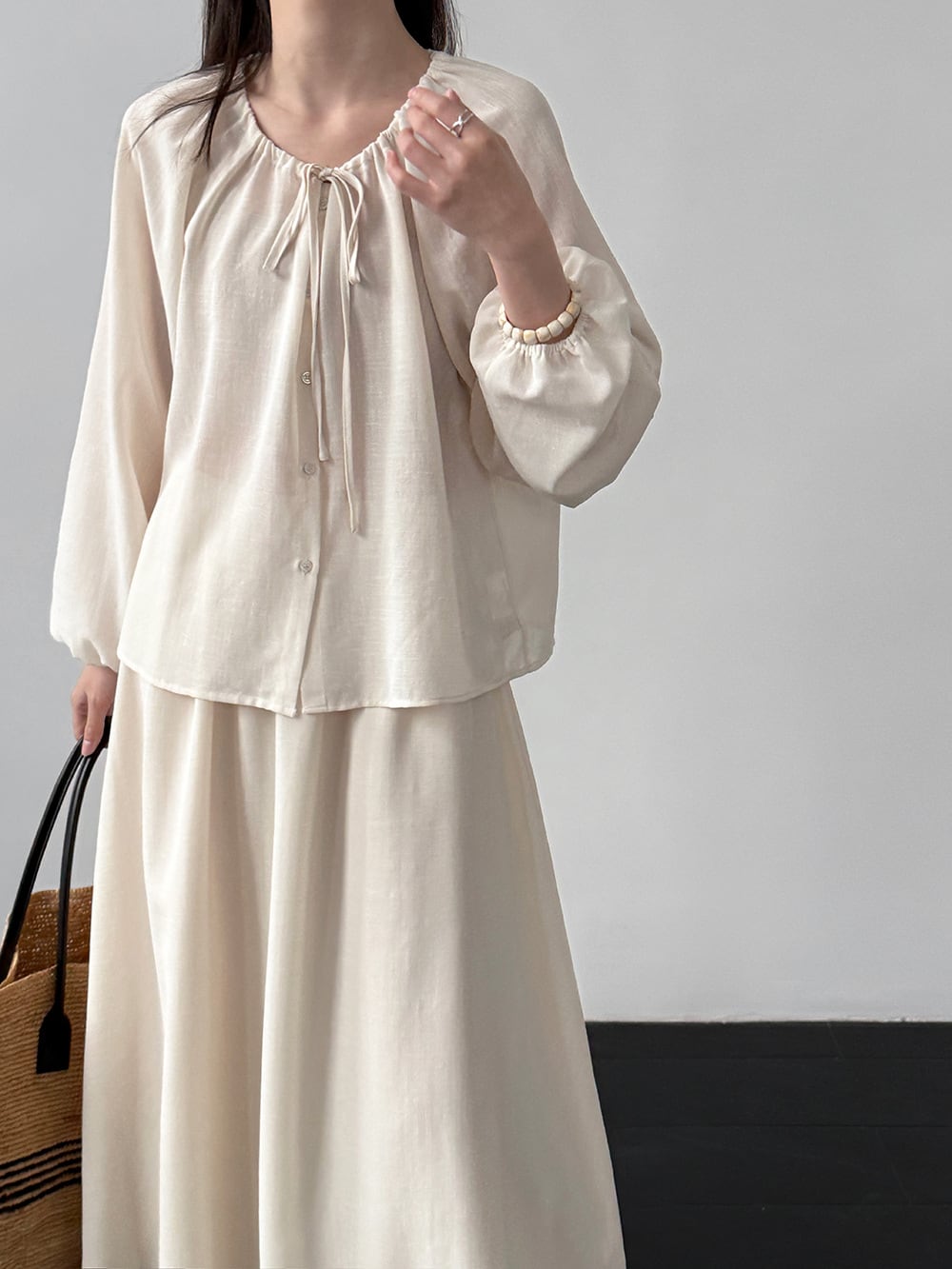 【set】リボン付きトップス×ロングスカートセット Q8324
