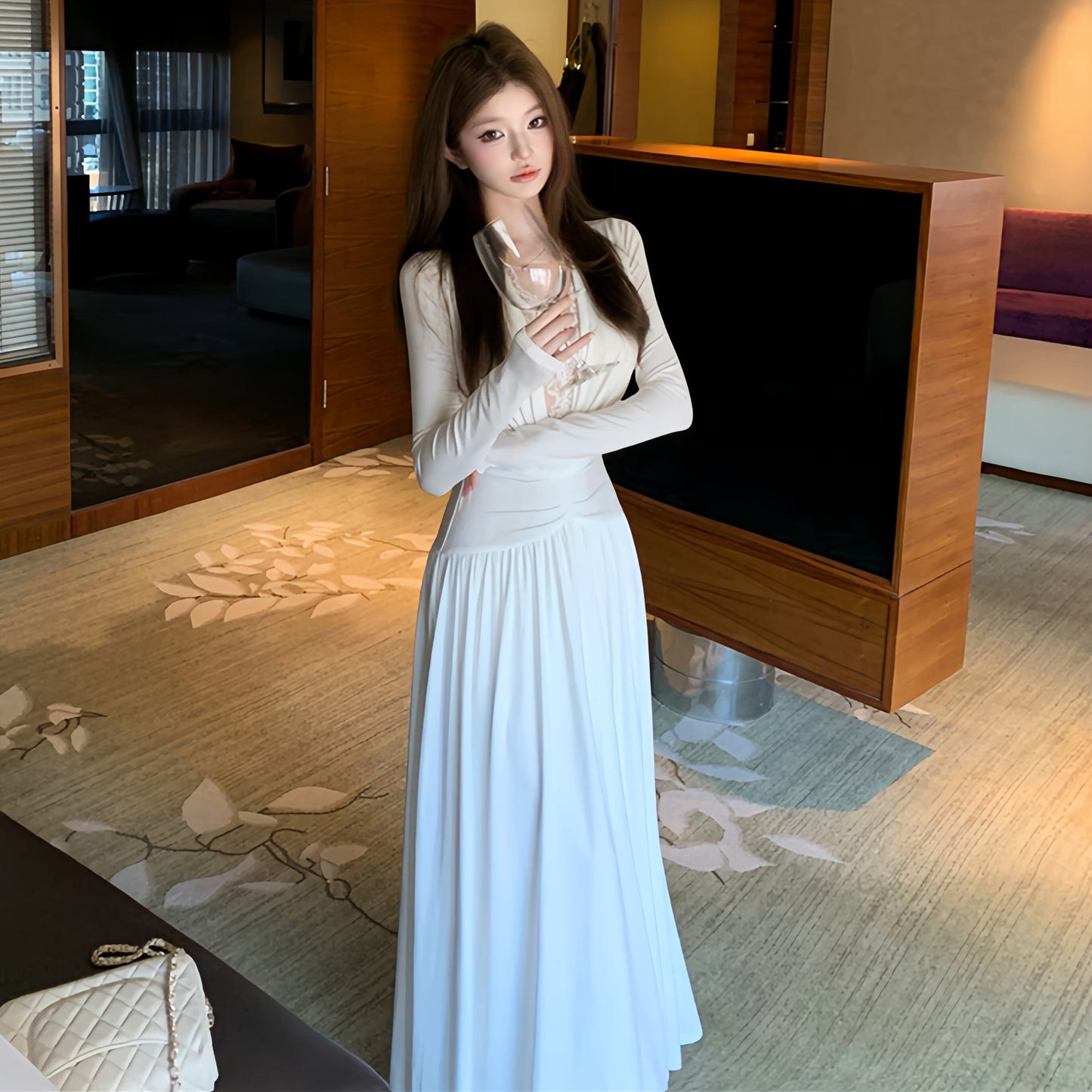 【dress】レースドッキングロングワンピース　N3432