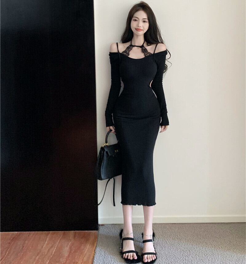 【dress】レースドッキングニットワンピース　M27875