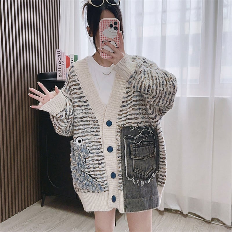 【outer】デニム切り替えニットカーデ　M25786