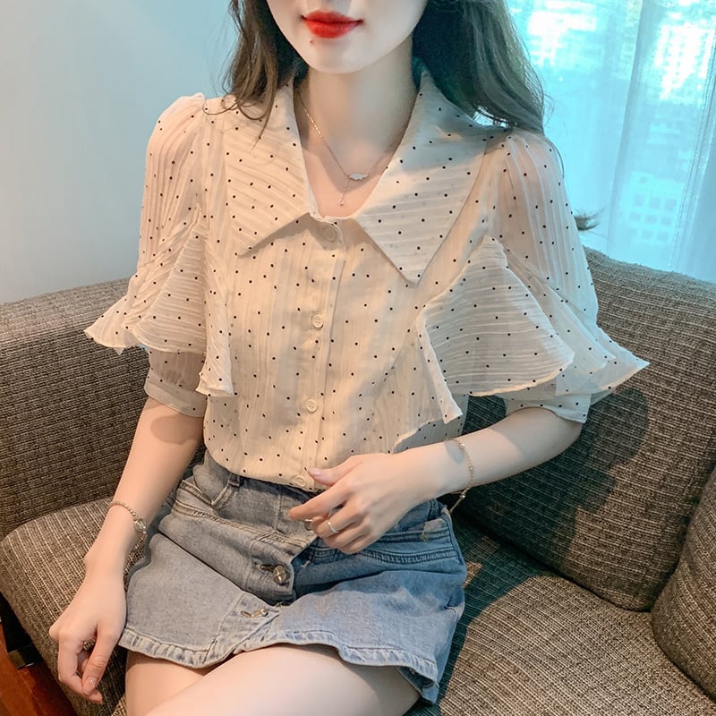 【tops】パフスリーブドット柄ブラウスG21556