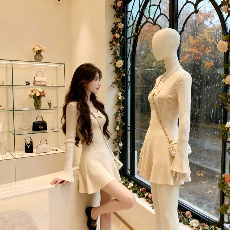 【dress】リボン付きフレアニットワンピース Q7118