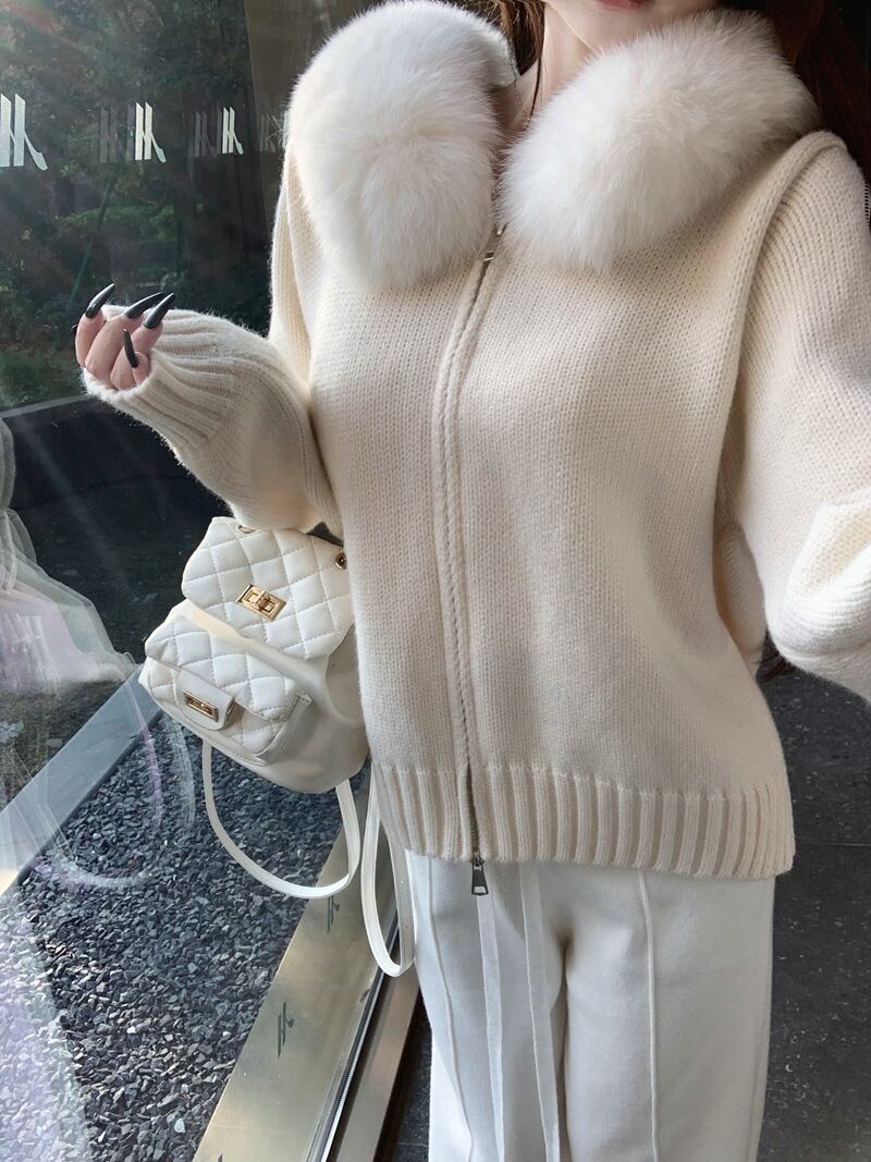 【outer】ファーフードニットカーデ　M27176
