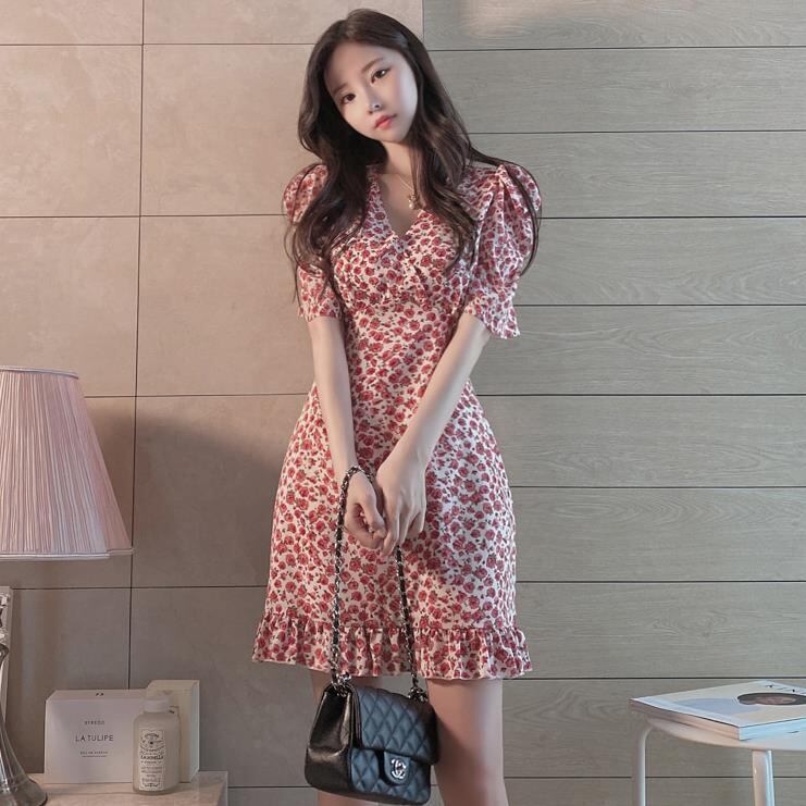 【dress】美人度アップ!気質満点スウィートVネックパフスリーブシフォン花柄ワンピース