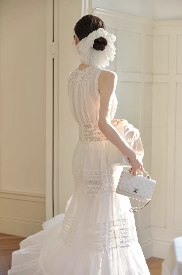 【dress】レースドッキングロングワンピース Q8386