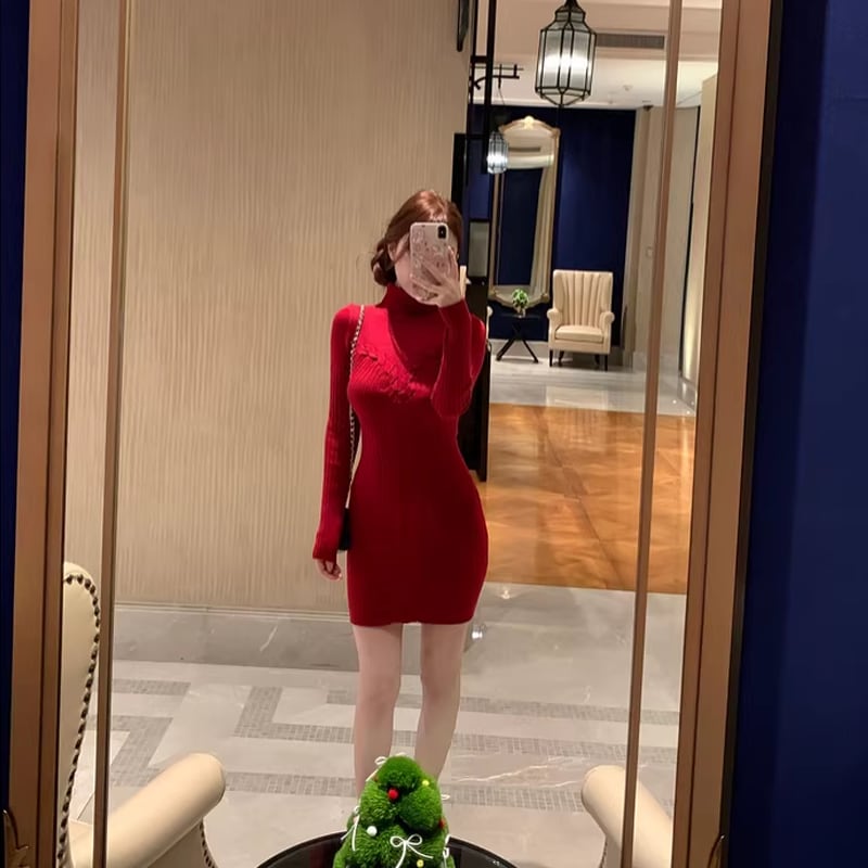 【dress】ハイネックニットワンピース Q7813
