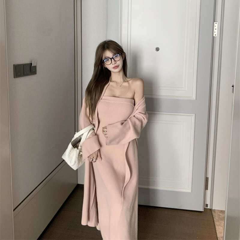 【set】ロング丈カーディガン×ベアトップワンピースセット　N2799