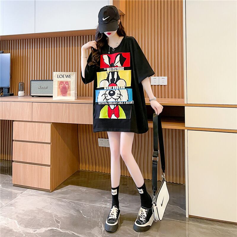 【tops】2色ラウンドネック半袖配色動物柄英字柄ゆったり着回しTシャツF2272