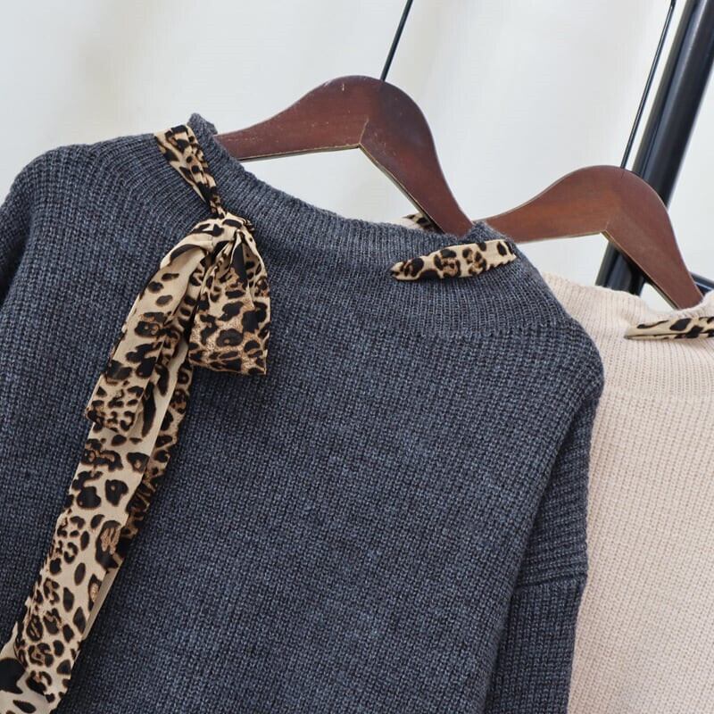 【tops】ヒョウ柄ボウタイニットトップス　M26760