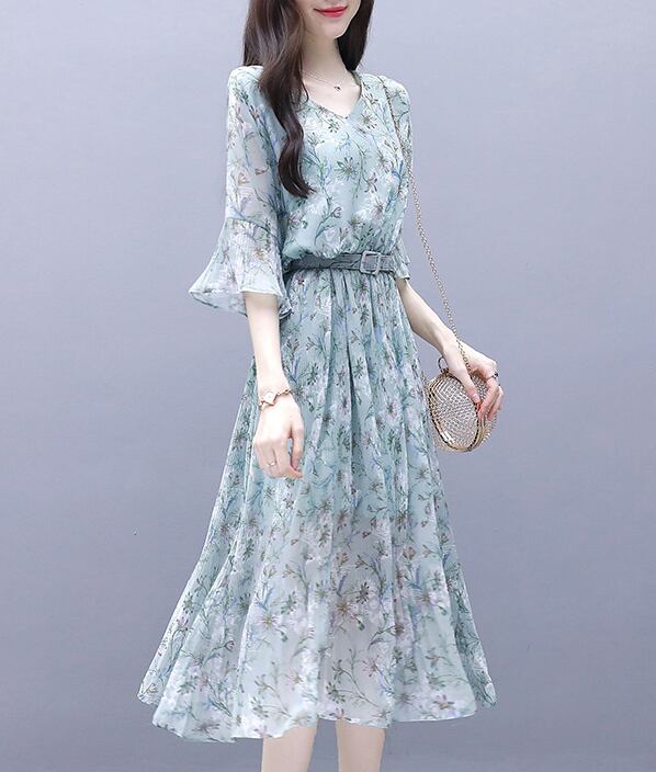 【dress】女性力を高める〜Vネックフレアスリーブ韓国ファッション花柄ワンピースF0295