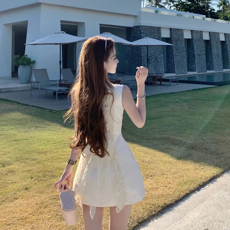 【dress】バックリボンレースドッキングミニワンピース Q8390