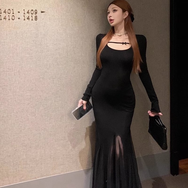 【dress】チュールドッキングロングワンピース Q7017