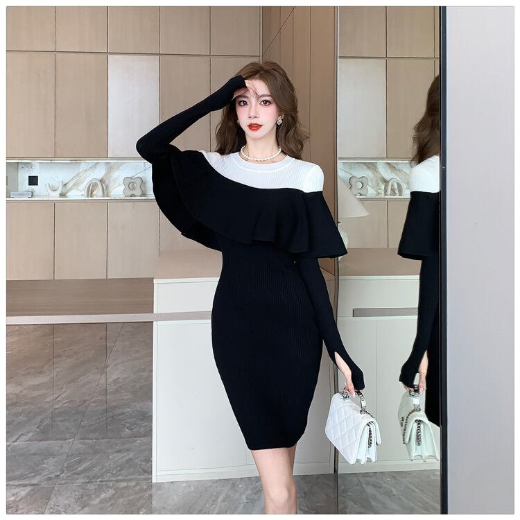 【dress】フリルドッキングニットワンピース　M18575