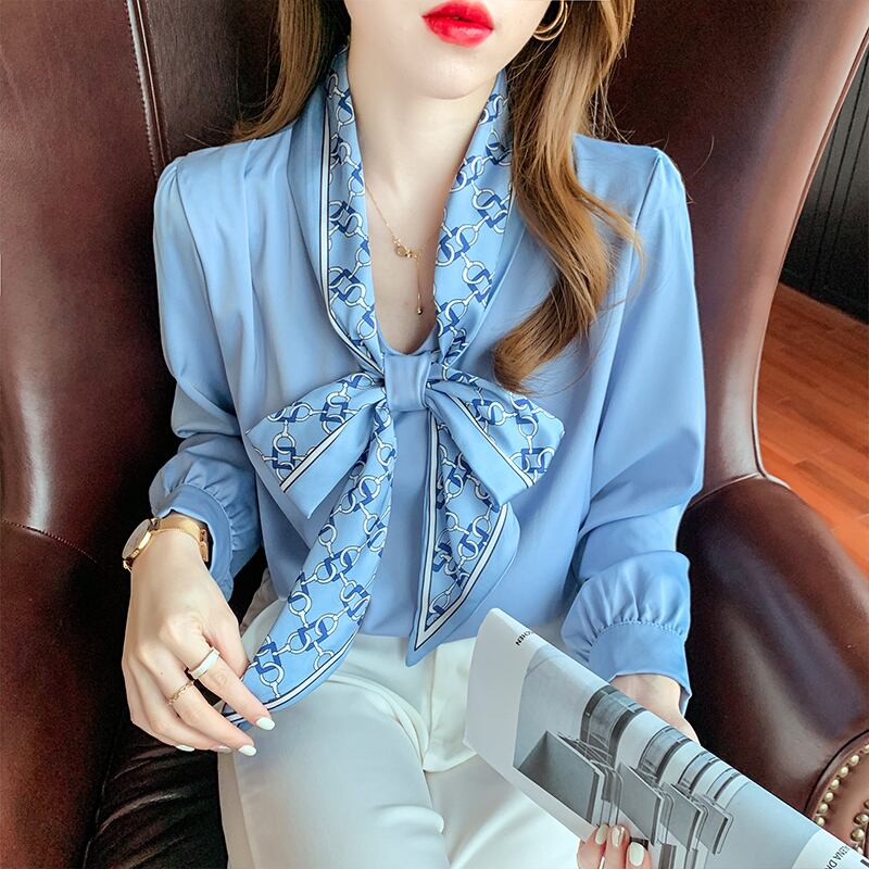 【tops】タイカラー長袖プリント配色ファッションゆったり着回しブラウスF0601