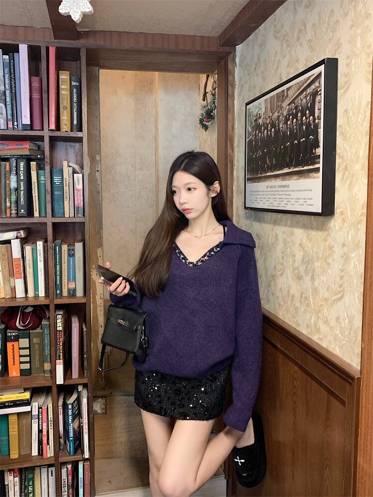 【set】Ⅴネックニットトップス×スパンコールスカートセット　M28146