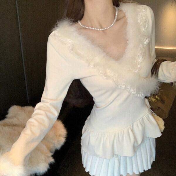 【tops】ファーレースドッキングフリルトップス　M28568