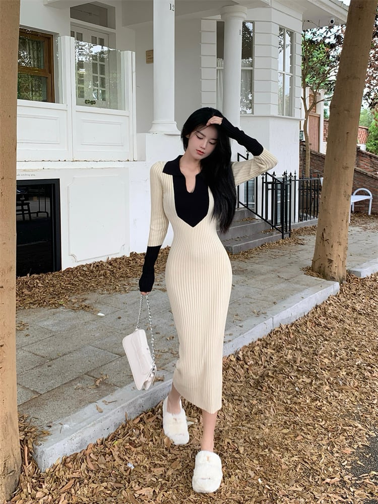 【dress】フェイクレイヤードニットワンピース Q7122