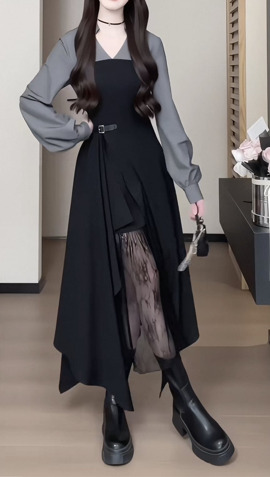 【dress】レースドッキングイレヘムワンピース　N3296