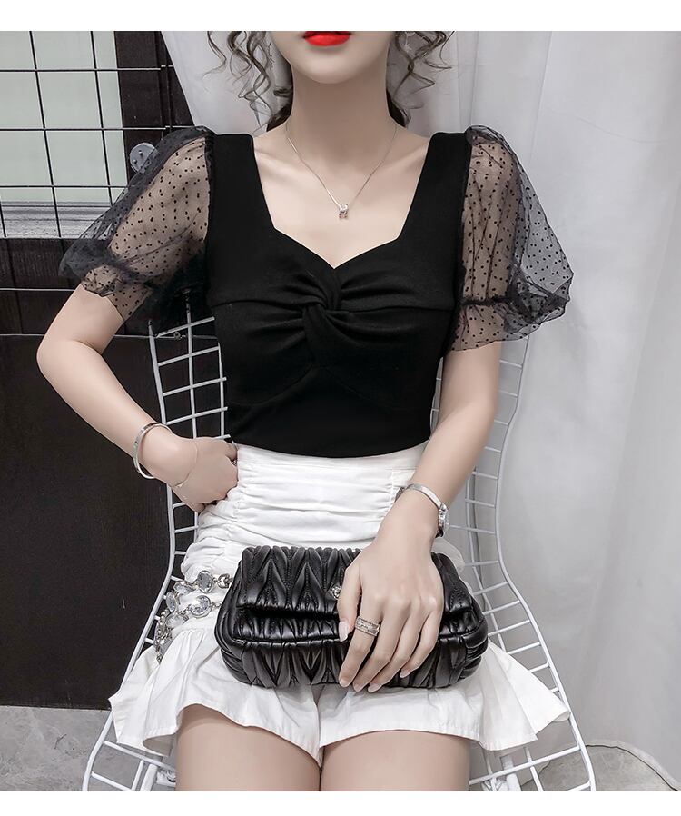 【tops】韓国風INS風スクエアネックメッシュ半袖着やせ無地TシャツF2235