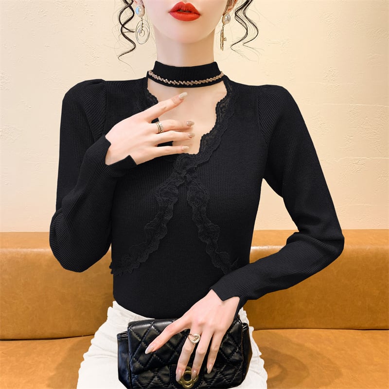 【tops】ビジューレース切り替えニットトップス　M27732