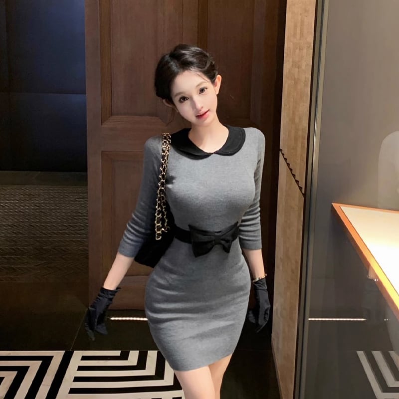 【dress】リボン付きタイトワンピース Q7013