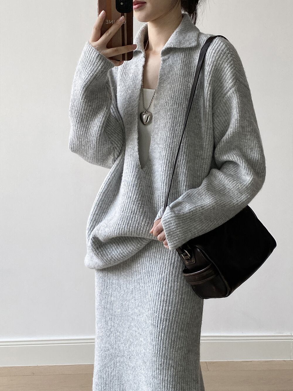 【set】Vネックニットトップス×ロングスカートセット　N3441