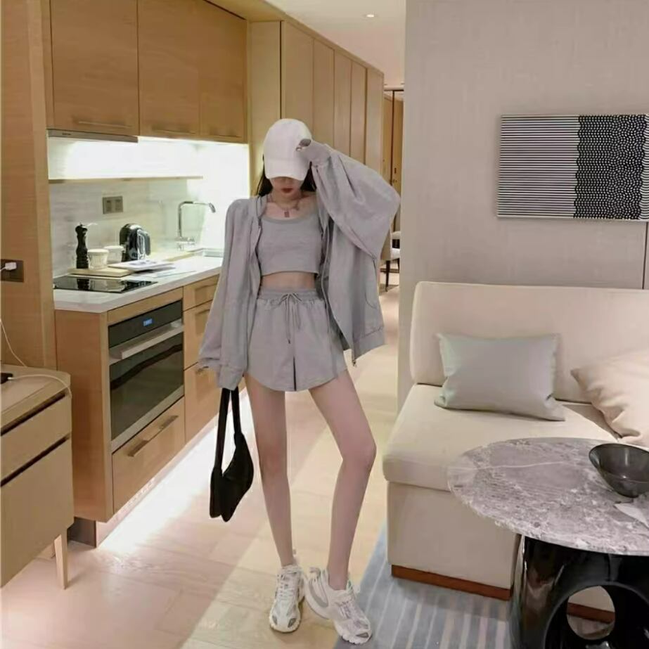 【set】韓国ファッション夏新作長袖パーカーアウター+ショートパンツ+キャミソール日常カジュアル人気3点セットF4945