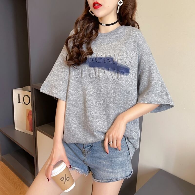 【tops】ラウンドネック半袖ゆったり着回し英字柄配色TシャツF0054