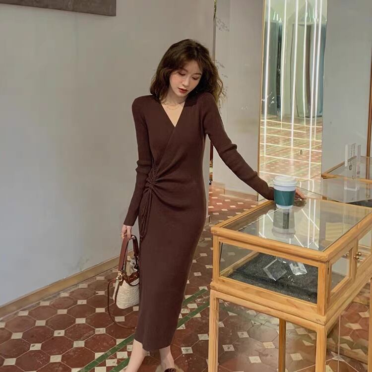 【dress】好感度UP!気質満点デザインフランス風シンプルVネックニットワンピース G2822