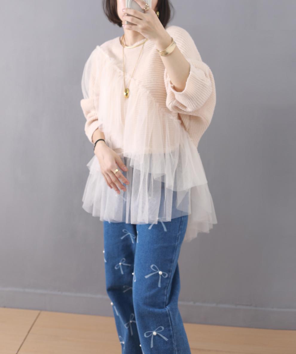 【tops】チュールドッキングニットセーター　M26966