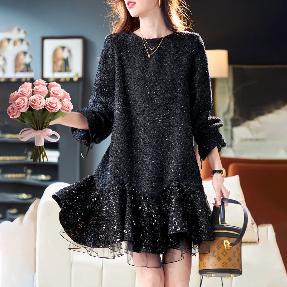 【dress】スパンコール付きチュールドッキングフレアワンピース　N2887