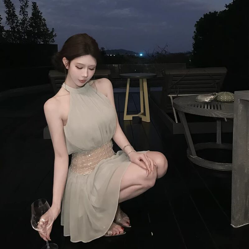 【dress】ビーズ付きノースリーブチュールミニワンピース Q8406