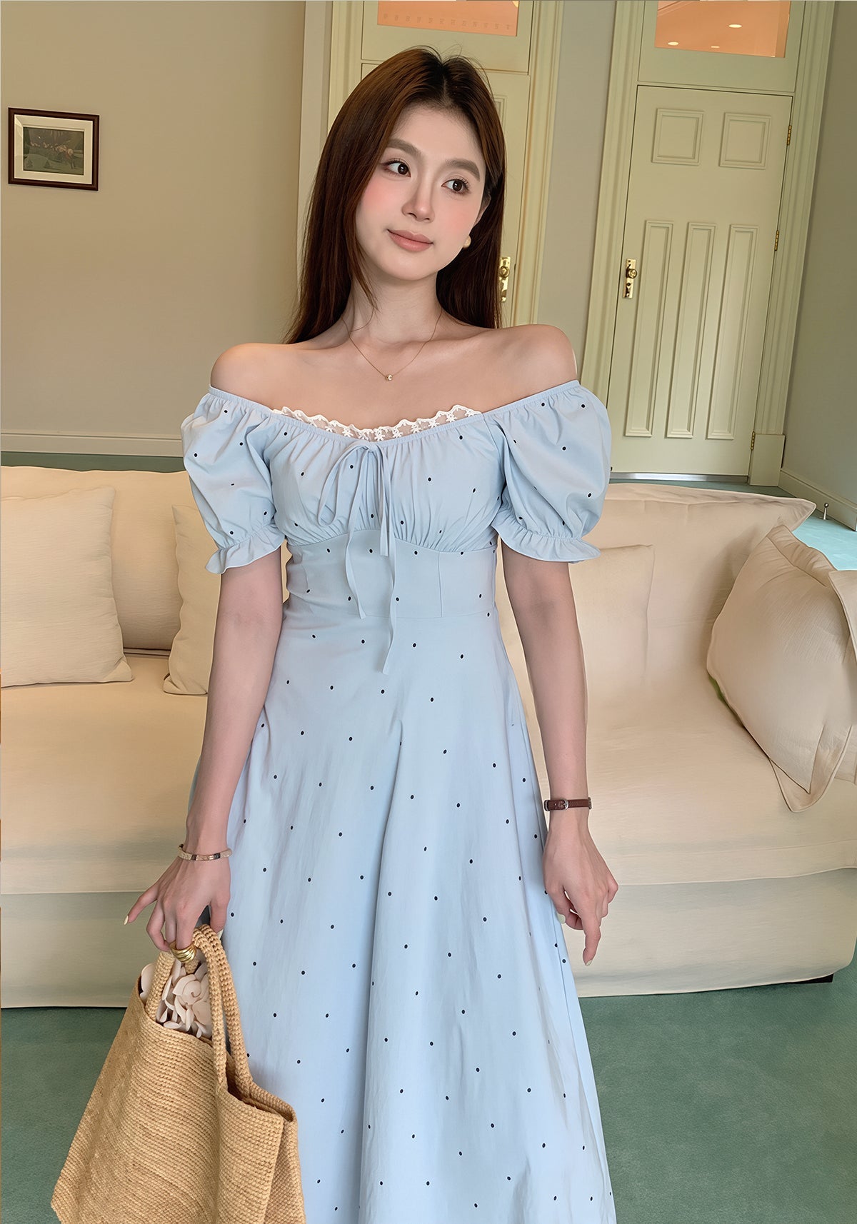 【dress】ドット柄レースドッキングロングワンピース Q8754