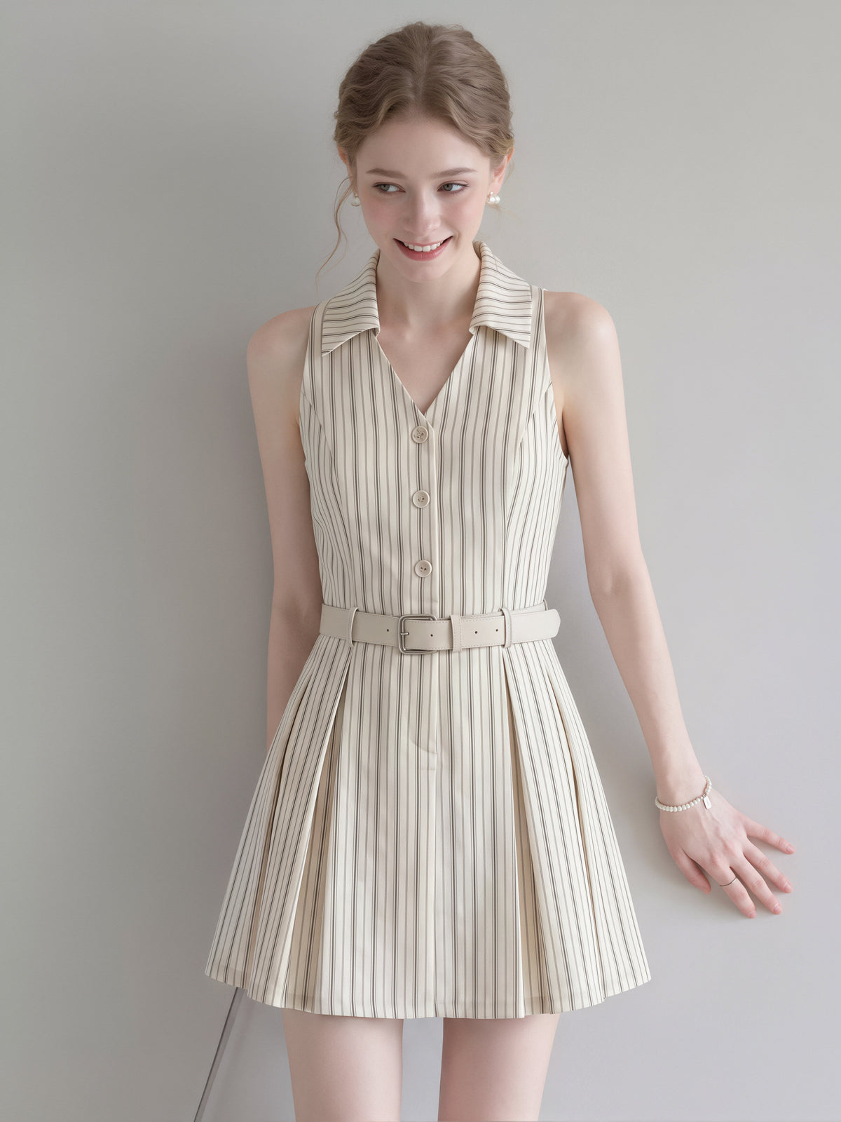 【dress】ノースリーブストライプ柄シャツワンピース Q8829