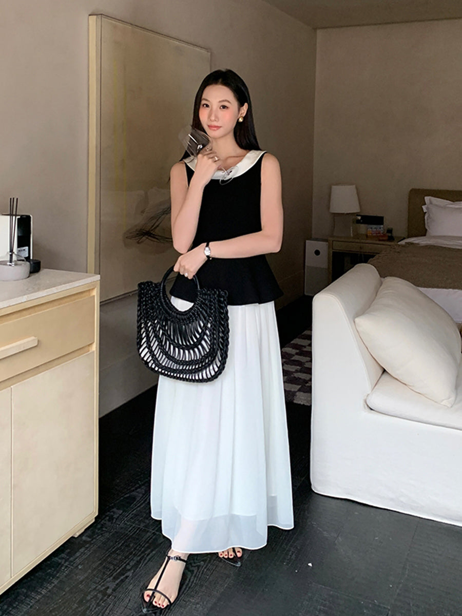 【dress】ノースリーブ配色ロングワンピース Q8749
