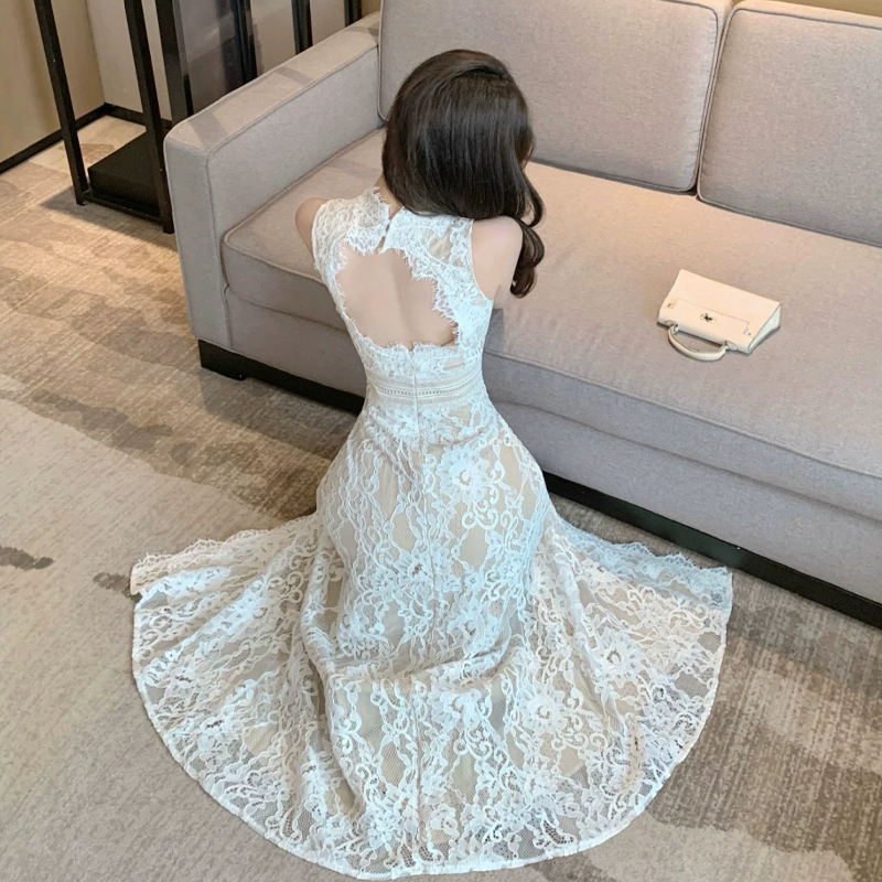 【dress】バックオープンスリットレースワンピース　M32516
