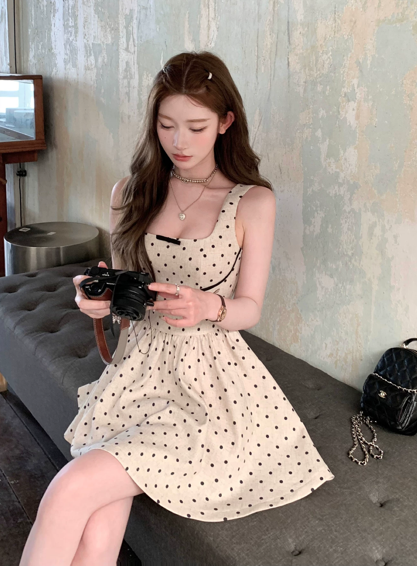 【dress】バックリボンドット柄ミニワンピース　M30198