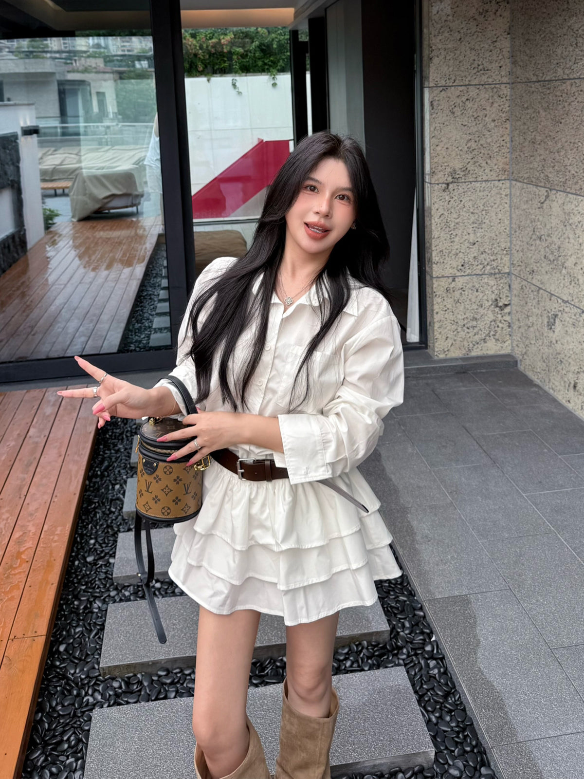 【dress】ベルト付きティアードシャツワンピース Q9045