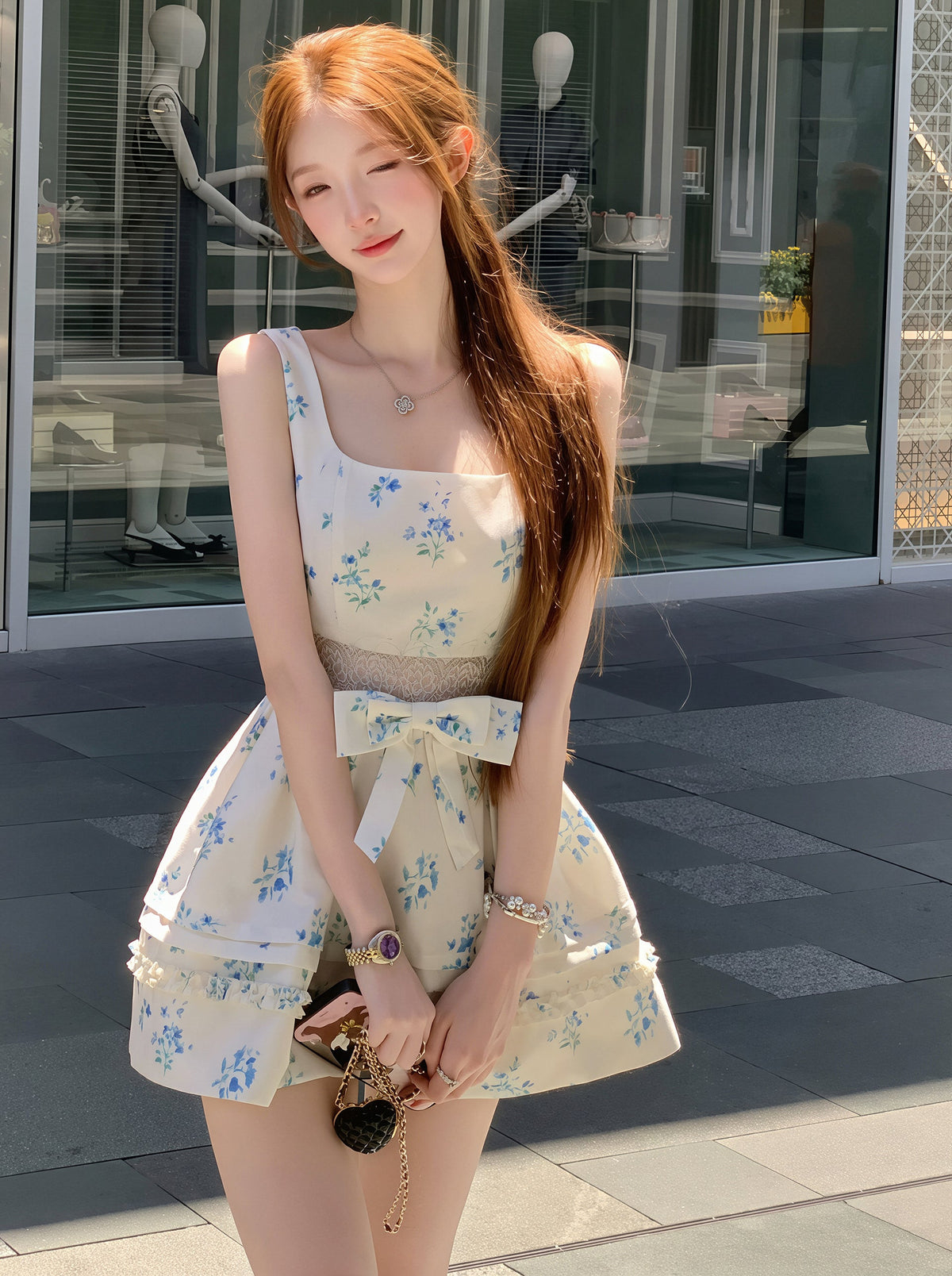 【dress】フラワー柄レースドッキングワンピース Q8757